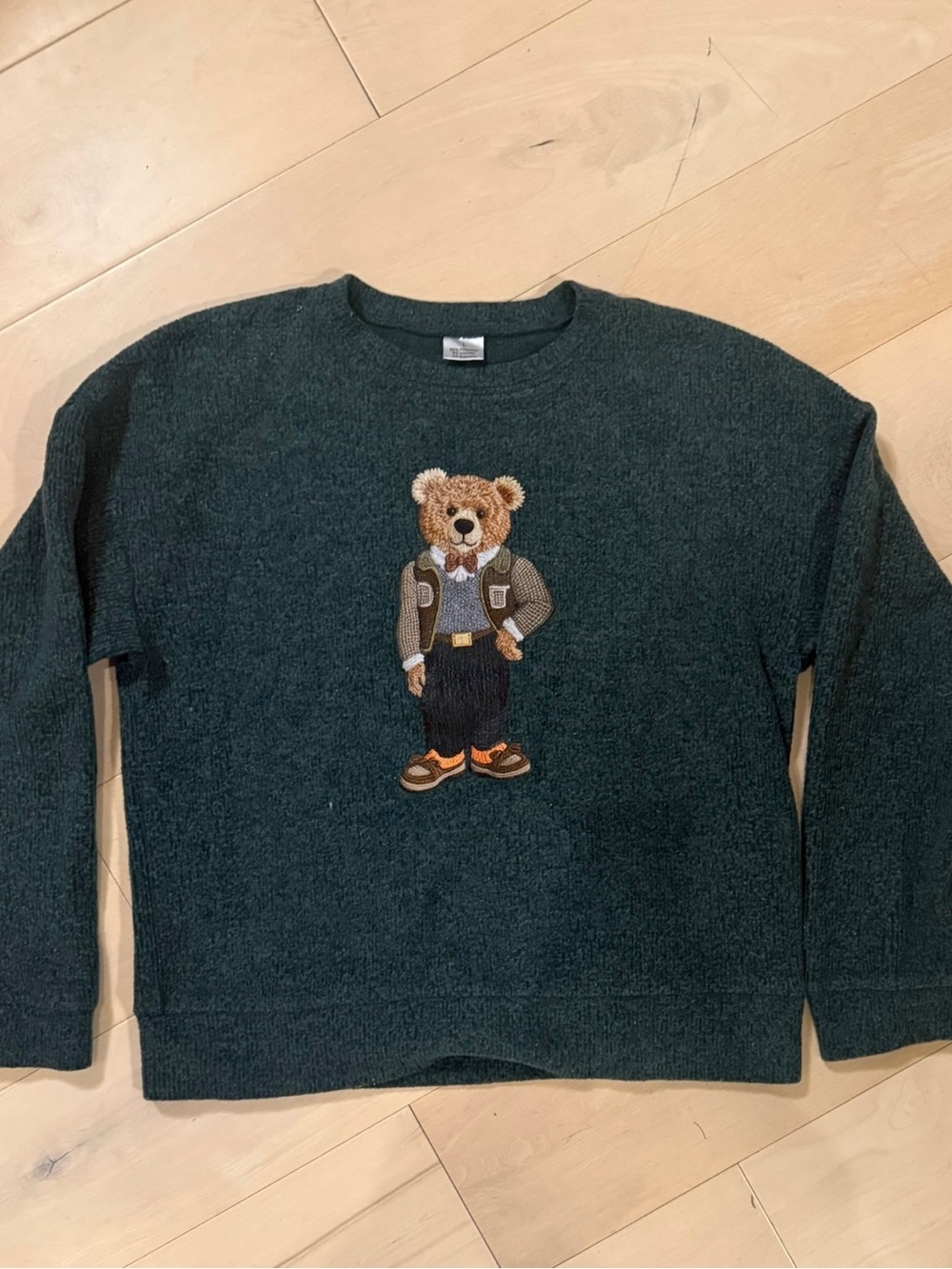 GENERIC AMAZON BRAND WOMENS Dark Green Teddy Bear Embroidered Crewneck Sweater L - Picture 3 of 7